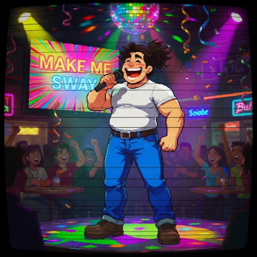 Illustration: singing karaoke on a lit stage with neon lyrics, disco lights, and a cheering crowd.