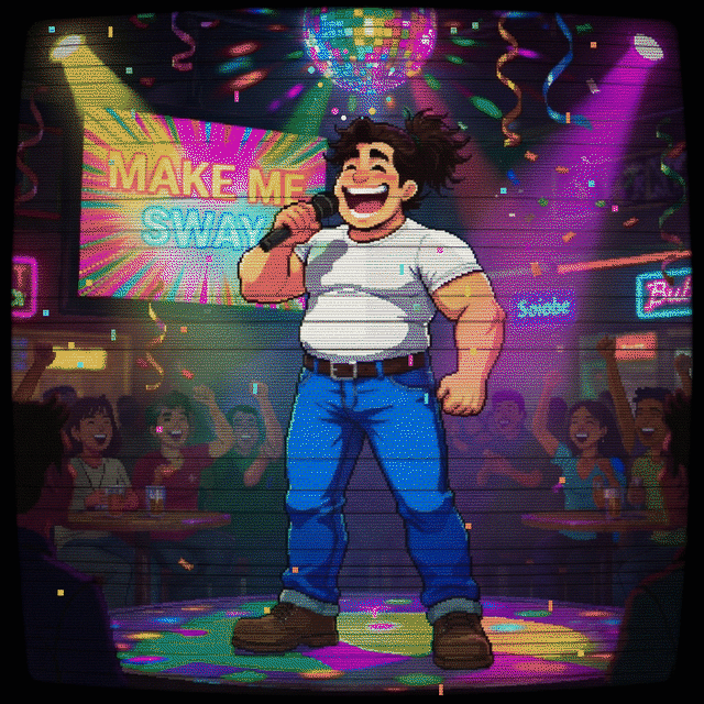 Illustration: Karaoke auf einer beleuchteten Bühne mit Neon-Text, Discolicht und jubelndem Publikum.